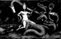 The Whore Of Babylon sits astride a seven headed beast